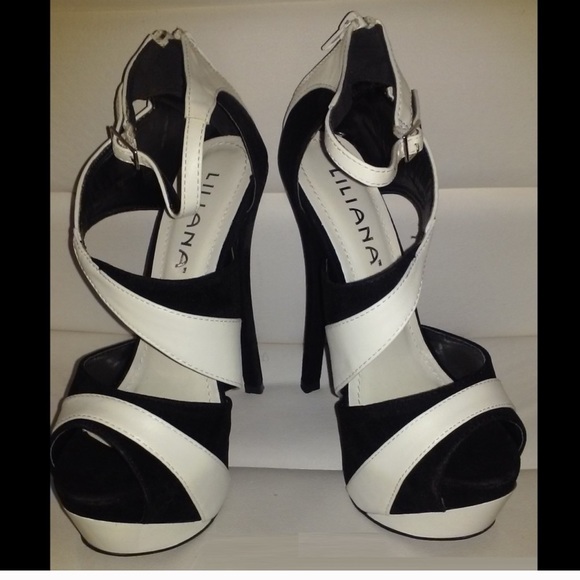 💜LILIANA💜 NEW 6.5 BLACK WHITE PLATFORM HEELS - Picture 5 of 7